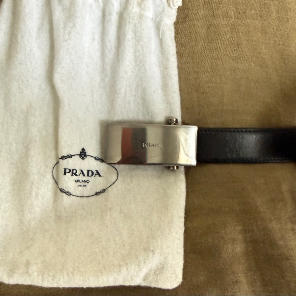 Prada Black Leather Belt with Silver Logo Buckle